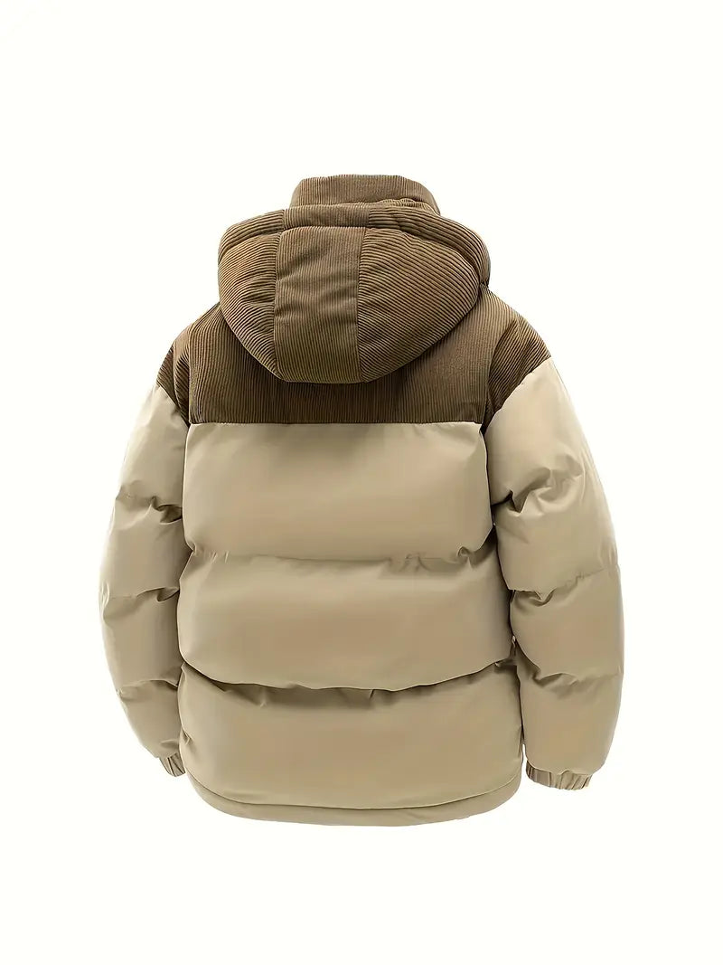 Corduroy-Panel Winter Puffer Jacket with Detachable Hood
