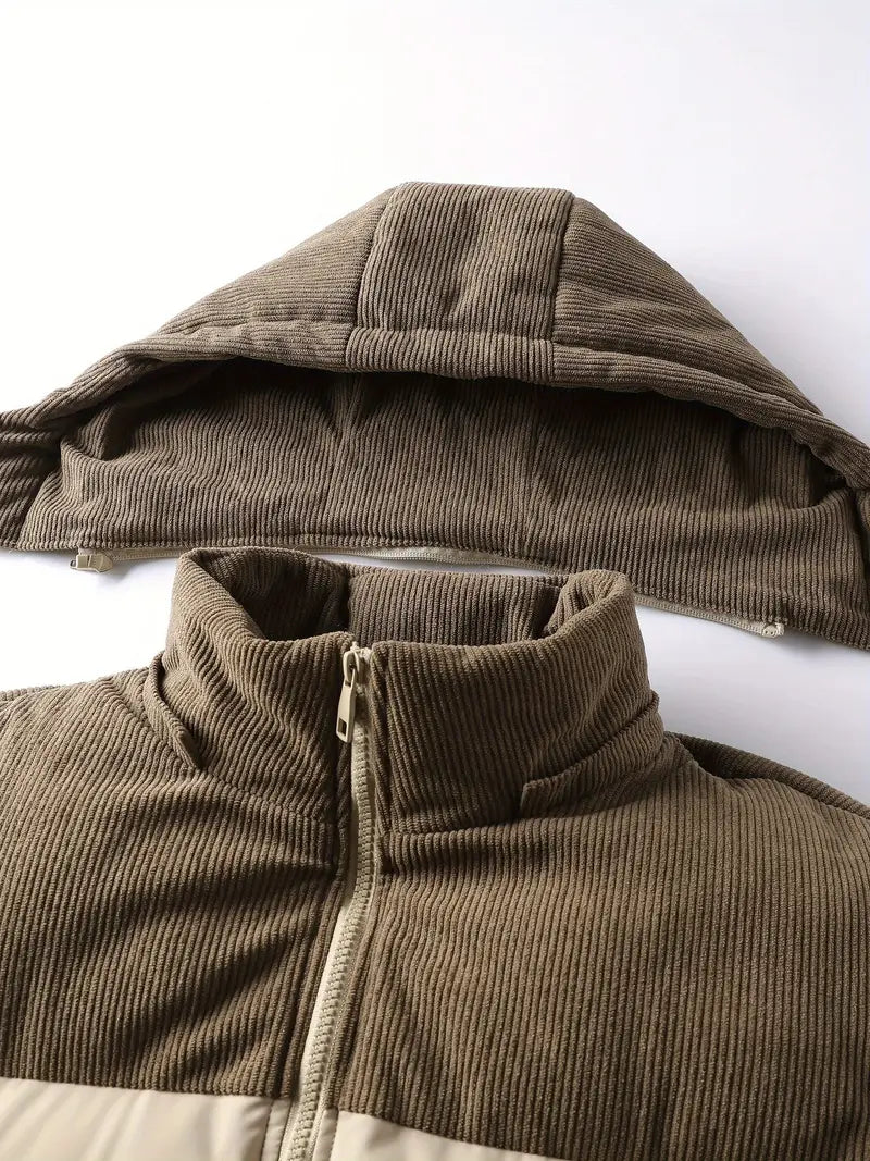 Corduroy-Panel Winter Puffer Jacket with Detachable Hood