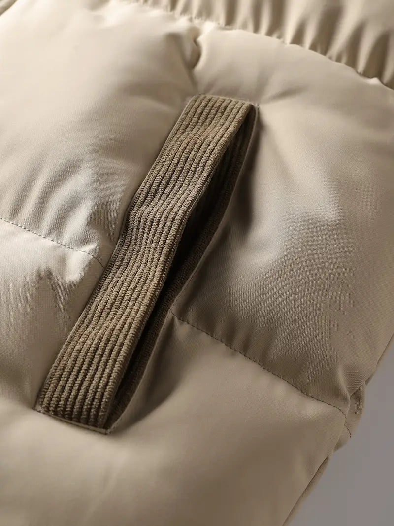 Corduroy-Panel Winter Puffer Jacket with Detachable Hood