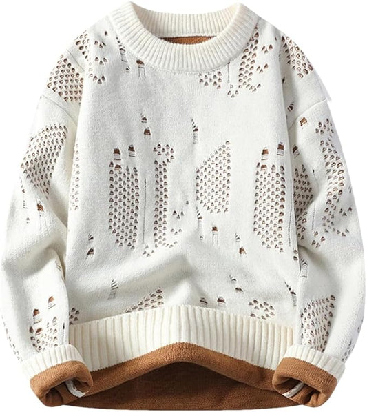 Soft Winter Knit Sweater – Cream & Brown Warm Fleece-Lined Pullover
