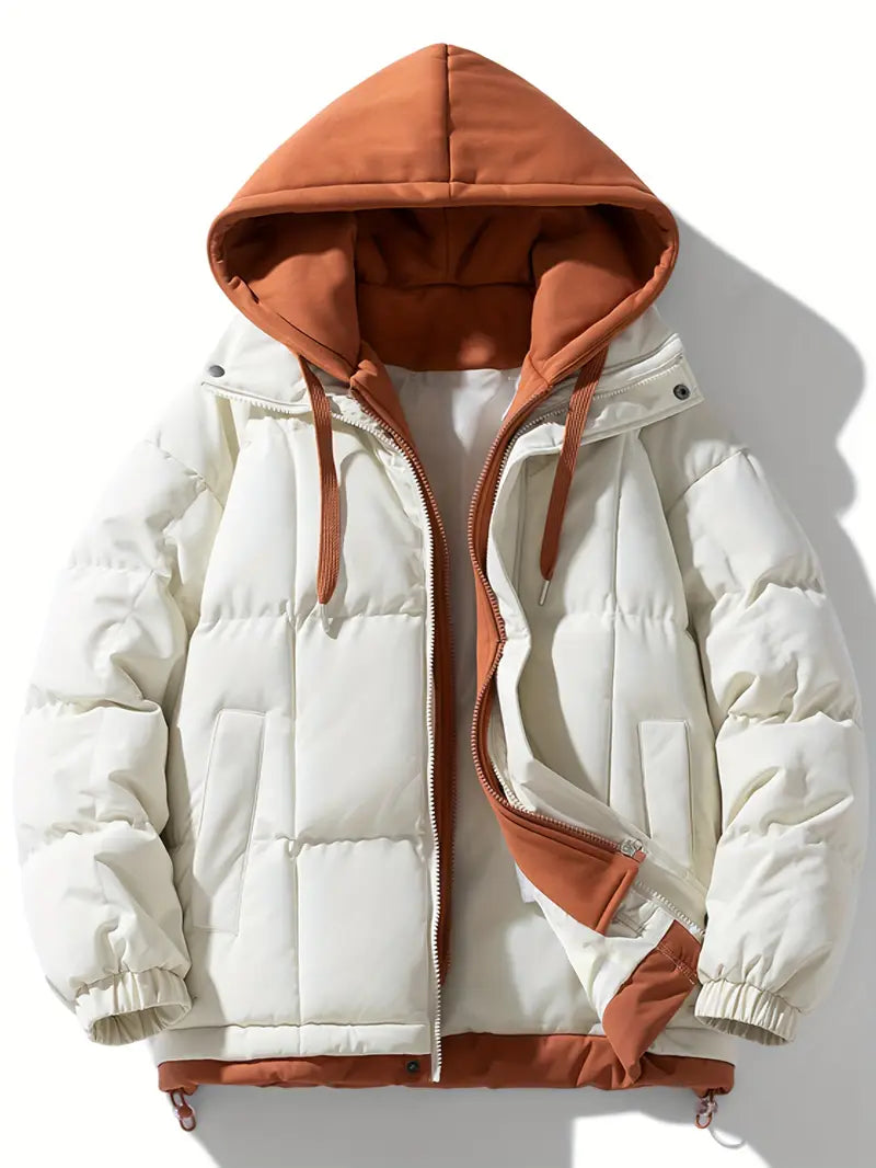 Two-Tone Winter Puffer Jacket with Built-in Hoodie