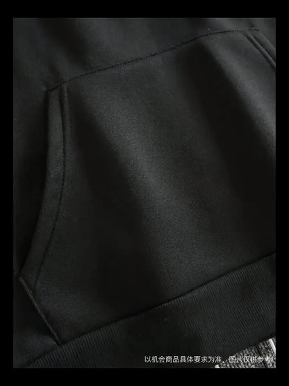 Black Plaid-Layered Hoodie / Fashion Patchwork Hoodie