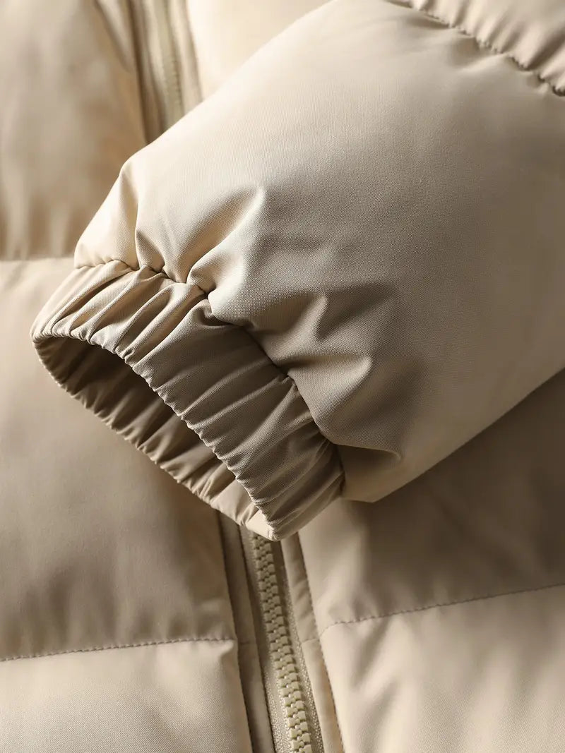 Corduroy-Panel Winter Puffer Jacket with Detachable Hood