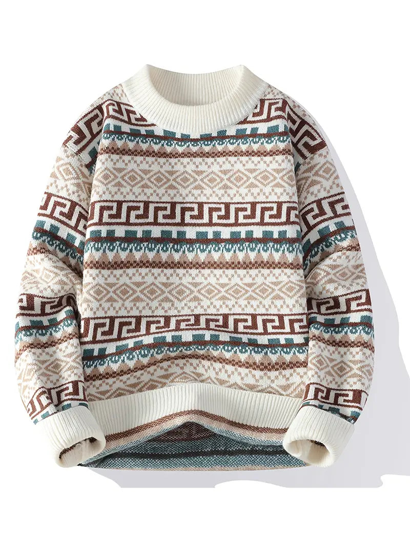 Patterned Winter Knit Sweater – Cream Multicolor Warm Unisex Pullover