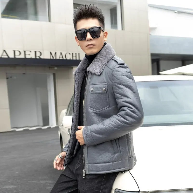 Street Luxe Shearling-Collar Jacket – Steel Grey