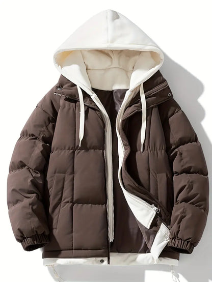 Two-Tone Winter Puffer Jacket with Built-in Hoodie
