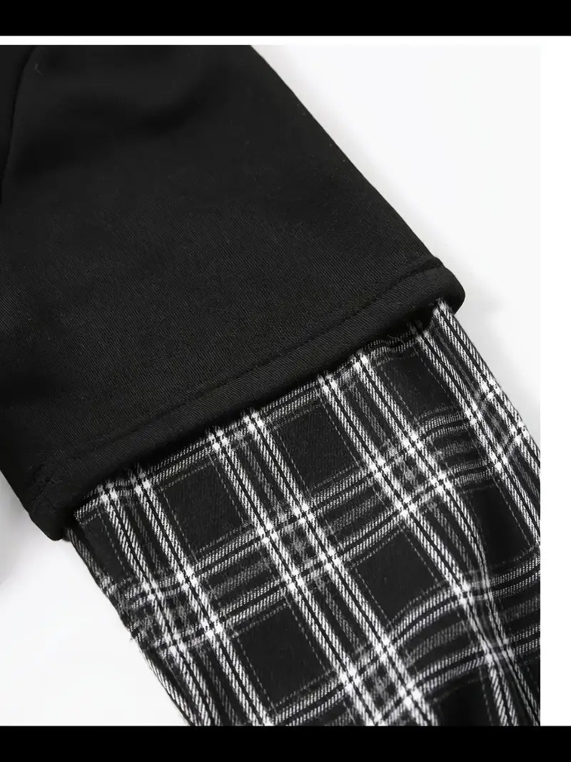 Black Plaid-Layered Hoodie / Fashion Patchwork Hoodie