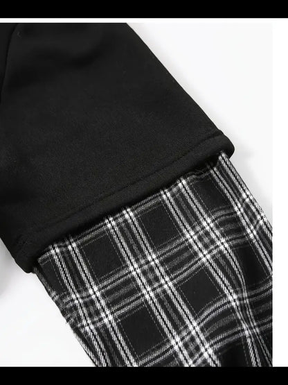 Black Plaid-Layered Hoodie / Fashion Patchwork Hoodie