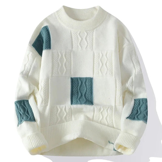 Patchwork Textured Knit Sweater – Cream & Teal Winter Pullover | Soft Unisex Knitwear