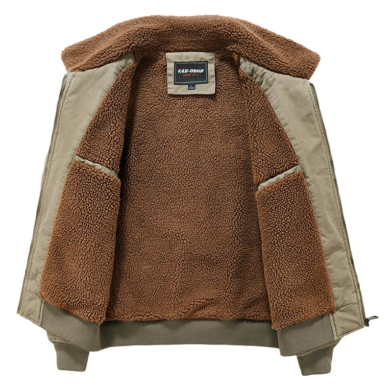 Teddy-Lined Utility Bomber Jacket – Olive Green