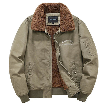 Teddy-Lined Utility Bomber Jacket – Olive Green