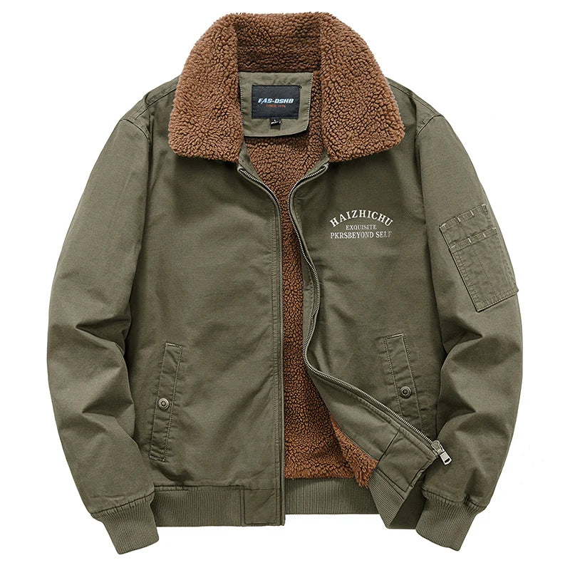 Teddy-Lined Utility Bomber Jacket – Olive Green