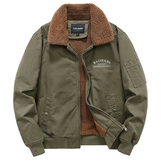 Teddy-Lined Utility Bomber Jacket – Olive Green